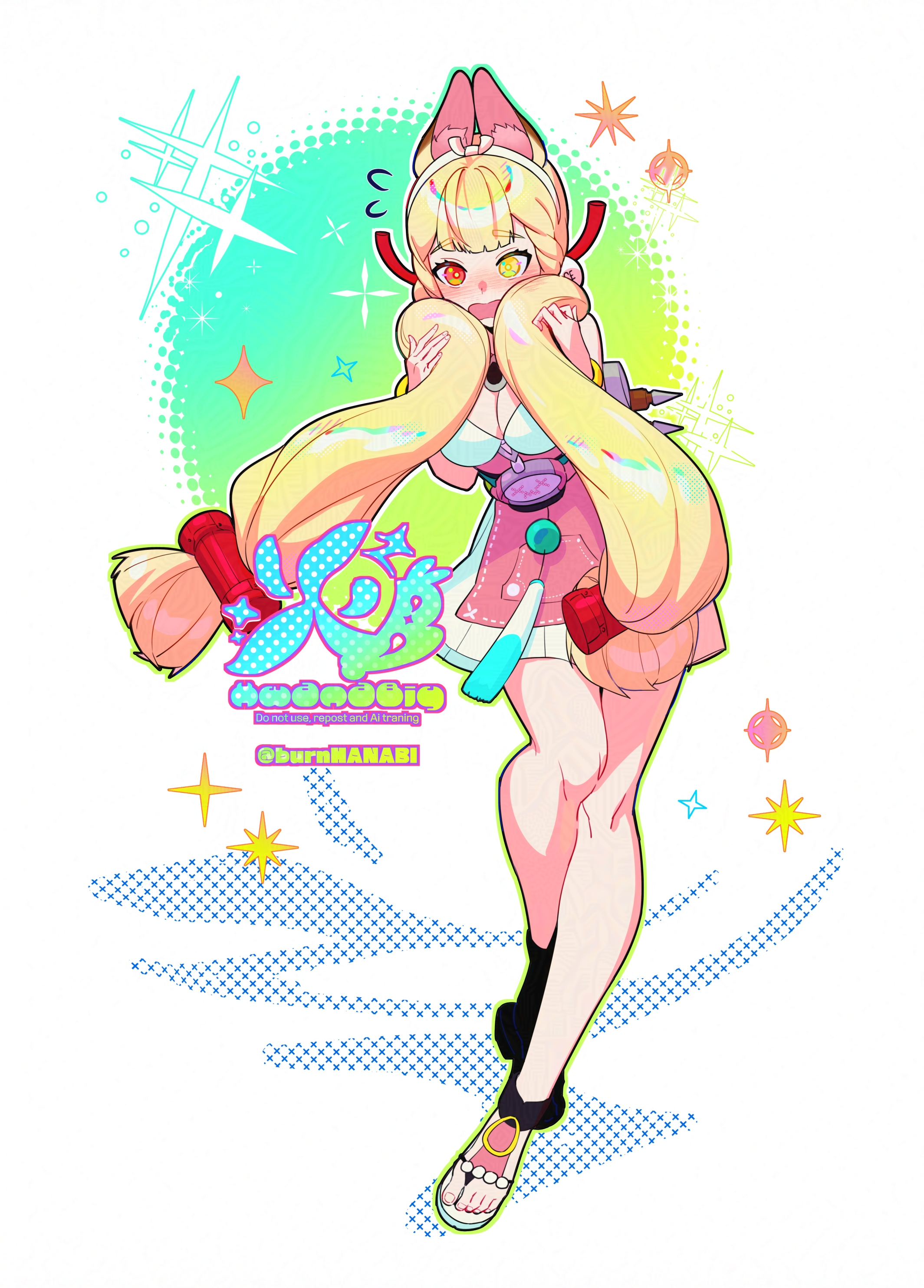 burn hanabi, alice thymefield, alice thymefield (sea of thyme), zenless zone zero, absurdres, highres, 1girl, animal ears, bare shoulders, belt, blonde hair, blush, breasts, circle, covering face, dress swimsuit, hair ornament, headband, heterochromia, holding, holding own hair, long hair, open mouth, orange eyes, rabbit ears, rabbit girl, solo, sparkle, sphere hair ornament, standing, sweat, swimsuit, twintails, weapon, weapon on back, white background, yellow eyes