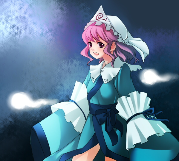mugishima orie, saigyouji yuyuko, touhou, 1girl, arm garter, blue dress, blush, dress, female focus, frills, ghost, hat, hitodama, long sleeves, mob cap, pink eyes, pink hair, solo, triangular headpiece, wide sleeves