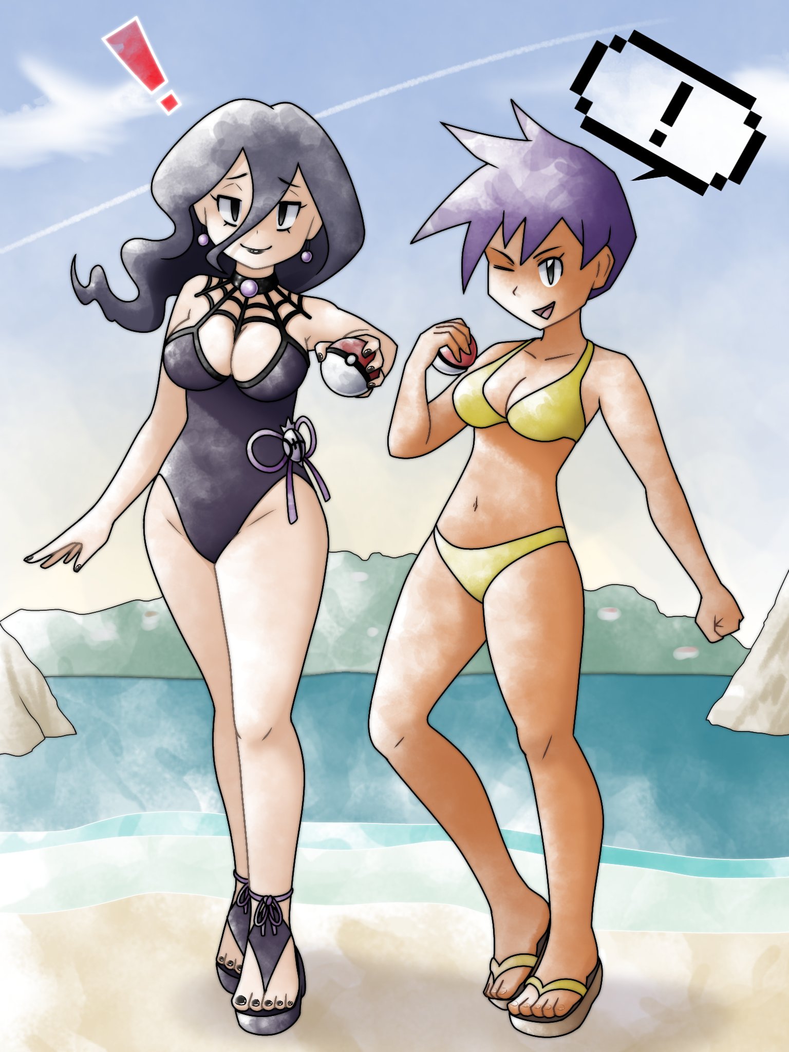 greatmothsucks, hex maniac (pokemon legends: z-a), swimmer (pokemon), nintendo, pokemon, pokemon legends: z-a, pokemon stadium 2, highres, !, 2girls, bikini, breasts, cleavage, earrings, female focus, full body, jewelry, lipstick, long hair, looking at viewer, makeup, medium breasts, multiple girls, nail polish, navel, one-piece swimsuit, one eye closed, poke ball, purple hair, sandals, short hair, swimsuit, toenail polish, toenails, toes