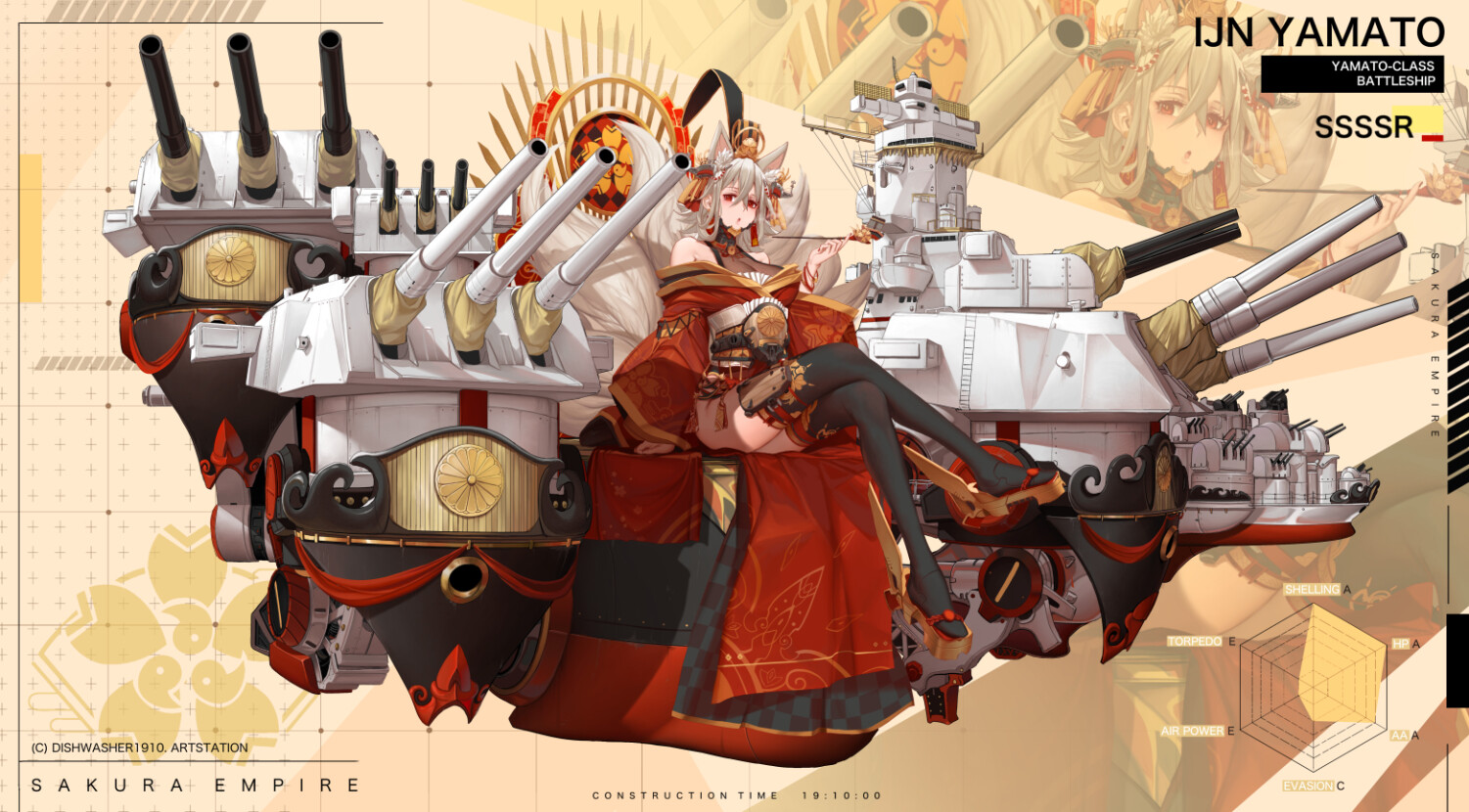 dishwasher1910, yamato (dishwasher1910), azur lane, 1girl, battleship, breasts, cannon, english text, feet, full body, grey hair, hair ornament, ijn yamato, japanese clothes, kimono, kitsune, large breasts, military vehicle, multiple tails, red eyes, sakura empire (emblem), sandals, ship, stats, tail, thighhighs, warship, watercraft, weapon, yellow background