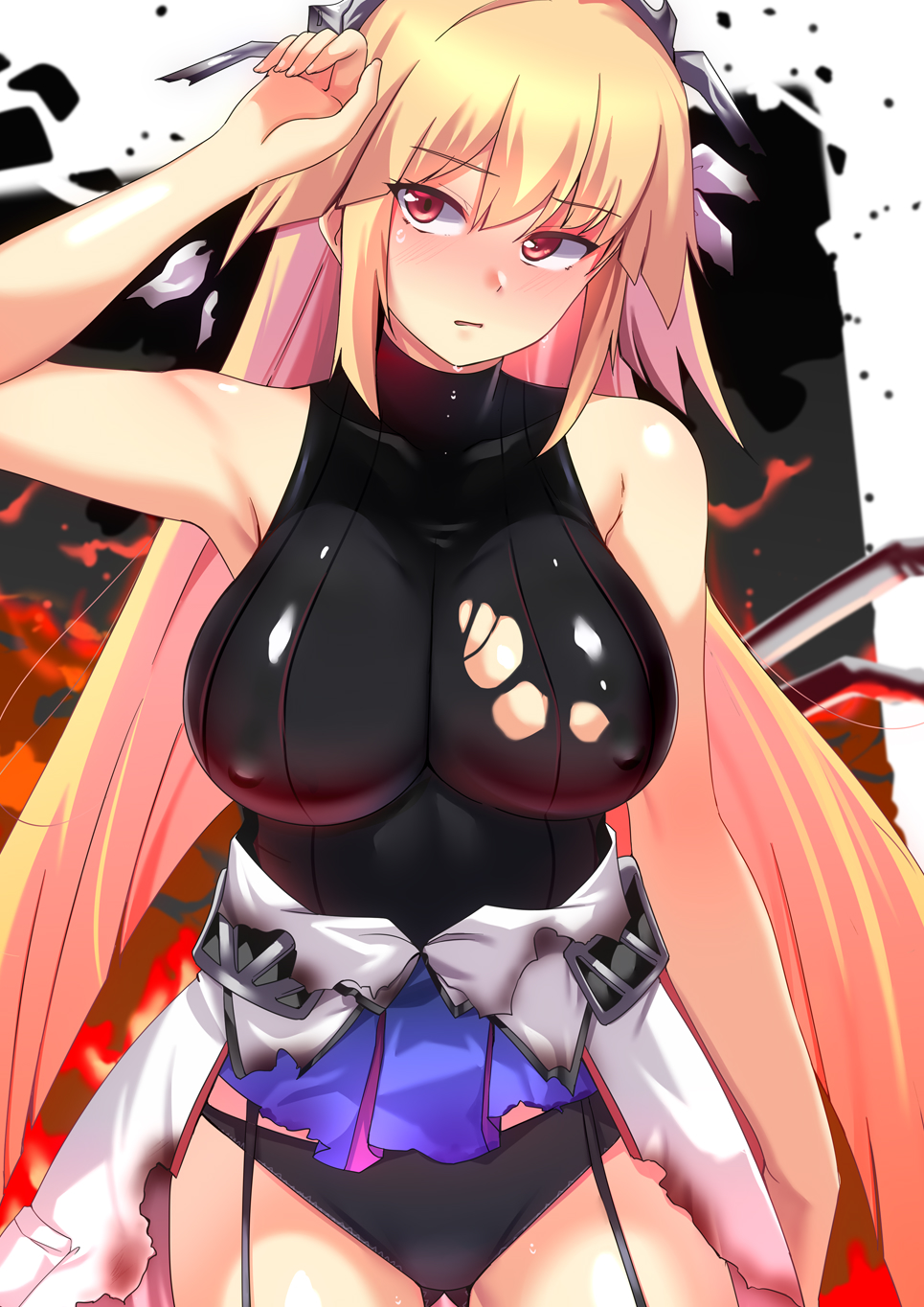 tirasi (so), brooklyn (kancolle), kantai collection, highres, 1girl, arm up, black panties, black shirt, blonde hair, blue skirt, blush, breasts, burnt clothes, covered erect nipples, cowboy shot, gluteal fold, impossible clothes, impossible shirt, large breasts, long hair, looking at viewer, overskirt, panties, red eyes, shirt, skirt, sleeveless, sleeveless shirt, solo, torn clothes, torn shirt, torn skirt, underwear, white overskirt