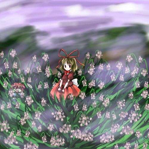 ameimo, medicine melancholy, onozuka komachi, touhou, lowres, 2girls, chibi, cloud, female focus, flower, multiple girls, outdoors, plant, sky, standing