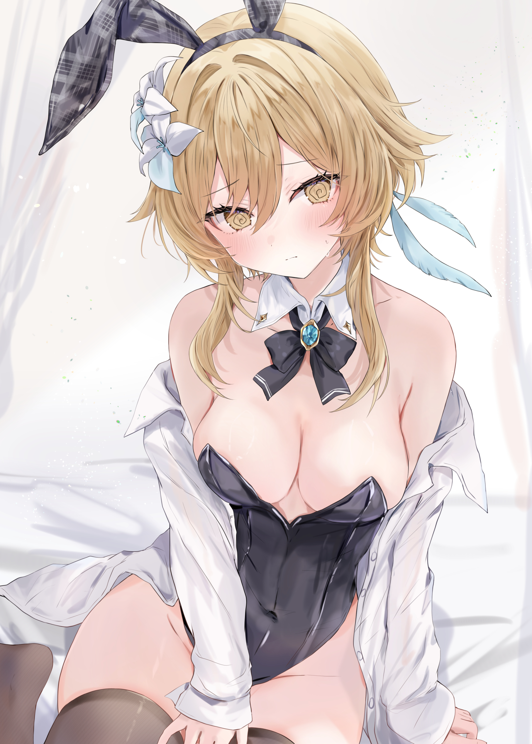 maruro, lumine (genshin impact), genshin impact, absurdres, highres, 1girl, @ @, alternate costume, animal ear hairband, animal ears, arm support, armpit crease, black bow, black bowtie, black leotard, black thighhighs, blonde hair, blush, bow, bowtie, breasts, cleavage, collar, covered navel, cowboy shot, detached collar, double-parted bangs, fake animal ears, flower, grey hairband, hair between eyes, hair flower, hair ornament, hairband, large breasts, leather leotard, leotard, long bangs, long sleeves, looking at viewer, no shoes, off shoulder, on bed, open clothes, open shirt, parted lips, plaid hairband, playboy bunny, rabbit ear hairband, rabbit ears, raised inner eyebrows, shirt, short hair with long locks, sitting, solo, thighhighs, unbuttoned, white collar, white flower, white shirt, wing collar, yellow eyes