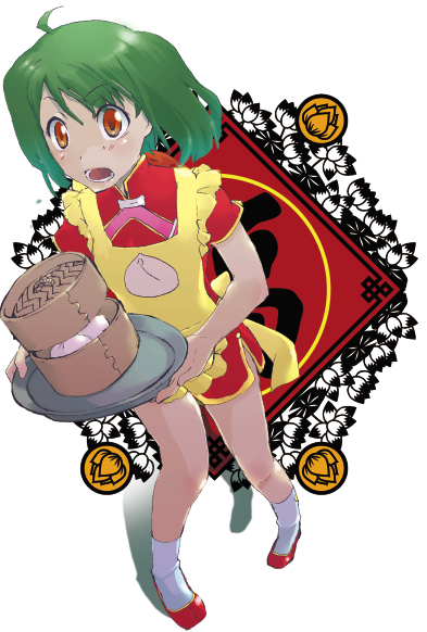 fusion-s, ranka lee, macross, macross frontier, 00s, 1girl, apron, bamboo steamer, blush, china dress, chinese clothes, dress, dumpling, female focus, flower, food, fuyus, green hair, red eyes, red shoes, shoes, short hair, solo, steamed bun