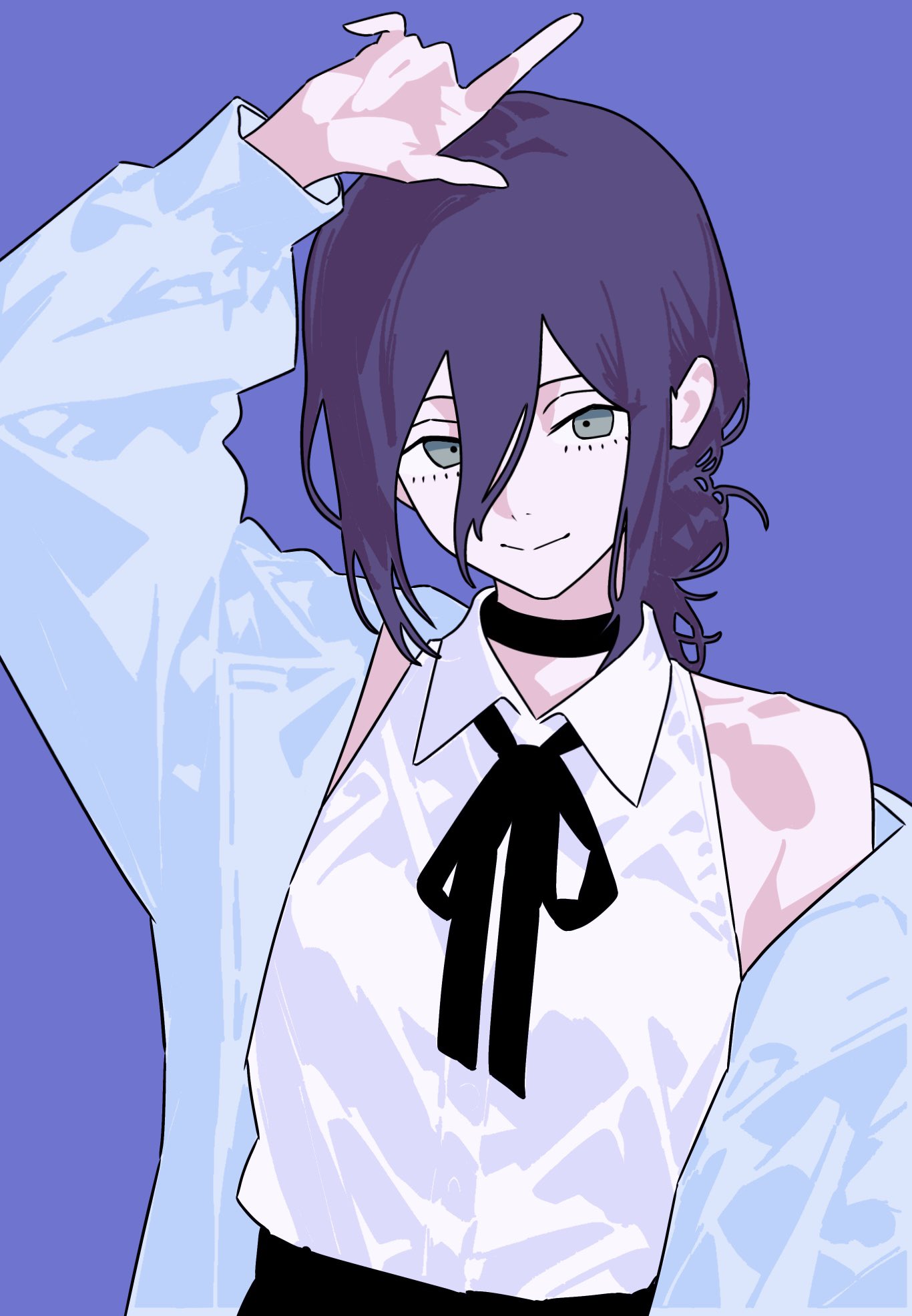 minminmince, reze (chainsaw man), chainsaw man, commentary request, hashtag-only commentary, highres, 1girl, bare shoulders, black choker, black hair, black ribbon, choker, closed mouth, grey eyes, hair between eyes, hair bun, jacket, long hair, looking at viewer, neck ribbon, off shoulder, open clothes, open jacket, purple background, ribbon, shirt, simple background, single hair bun, smile, solo, white jacket, white shirt