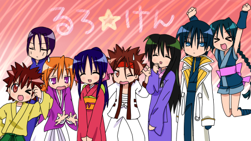 himura kenshin, kamiya kaoru, makimachi misao, myoujin yahiko, sagara sanosuke, saitou hajime, shinomori aoshi, takani megumi, lucky star, rurouni kenshin, tagme, parody