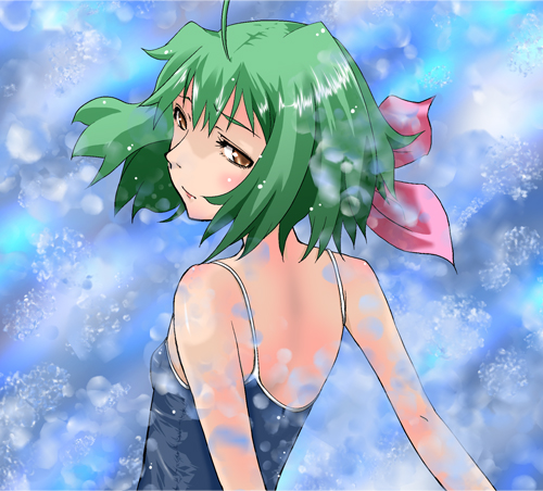 doroame, ranka lee, macross, macross frontier, lowres, 00s, blush, green hair, one-piece swimsuit, short hair, solo, swimsuit