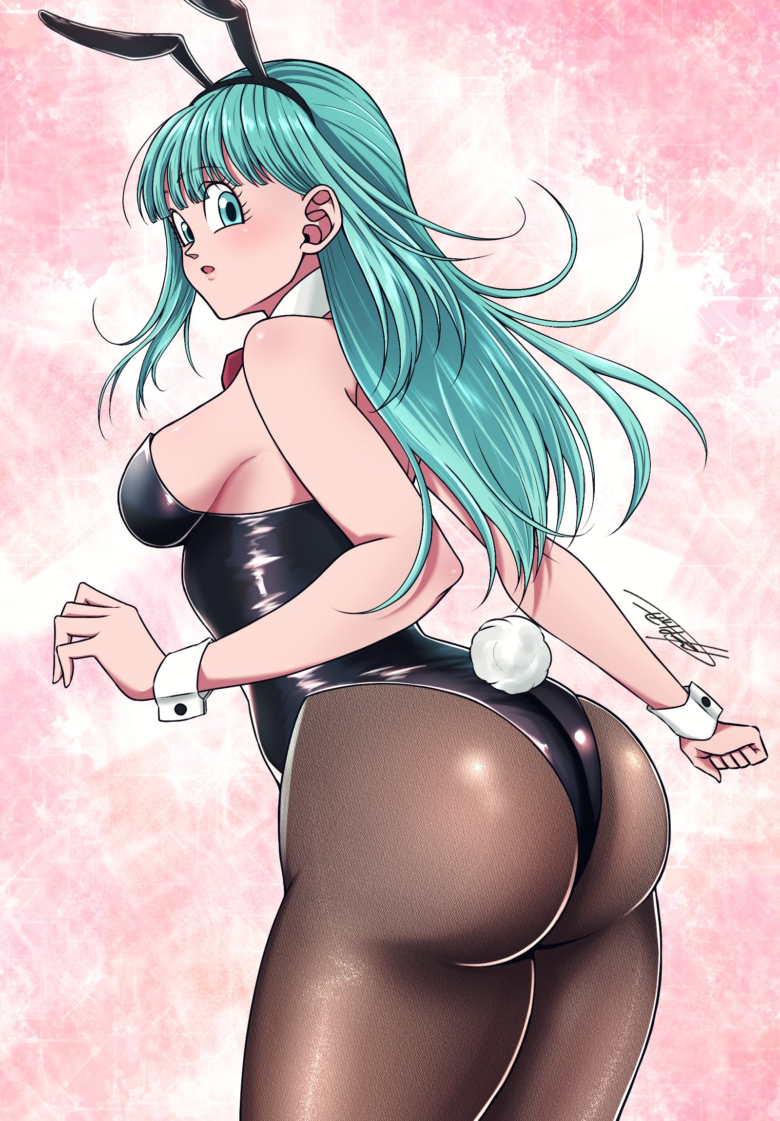 bulma, dragon ball, highres, 1girl, animal ear hairband, animal ears, aqua eyes, aqua hair, ass, bare shoulders, black hairband, black leotard, black pantyhose, blunt bangs, blush, bow, bowtie, breasts, clenched hand, cowboy shot, detached collar, fake animal ears, fake tail, hair behind ear, hairband, kazehare 1216, leotard, long hair, looking at viewer, medium breasts, pantyhose, parted lips, pink background, playboy bunny, rabbit tail, red bow, red bowtie, sideboob, signature, solo, strapless, strapless leotard, tail, thighs, white wrist cuffs, wrist cuffs