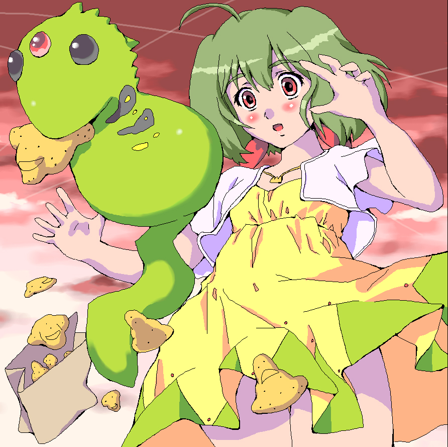 koyopi, ranka lee, macross, macross frontier, 00s, animal, blush, cookie, food, green hair, jaggy lines, red eyes, short hair, sky, solo