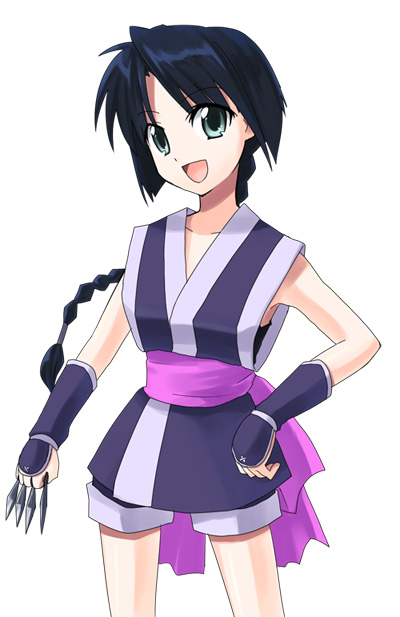 kiyoshi saya, makimachi misao, rurouni kenshin, bad id, bad pixiv id, 1girl, :d, black hair, blue eyes, blue hair, braid, female focus, kunai, long hair, looking at viewer, matching hair/eyes, ninja, open mouth, shorts, simple background, smile, solo, very long hair, weapon, white background, white theme, wrist guards