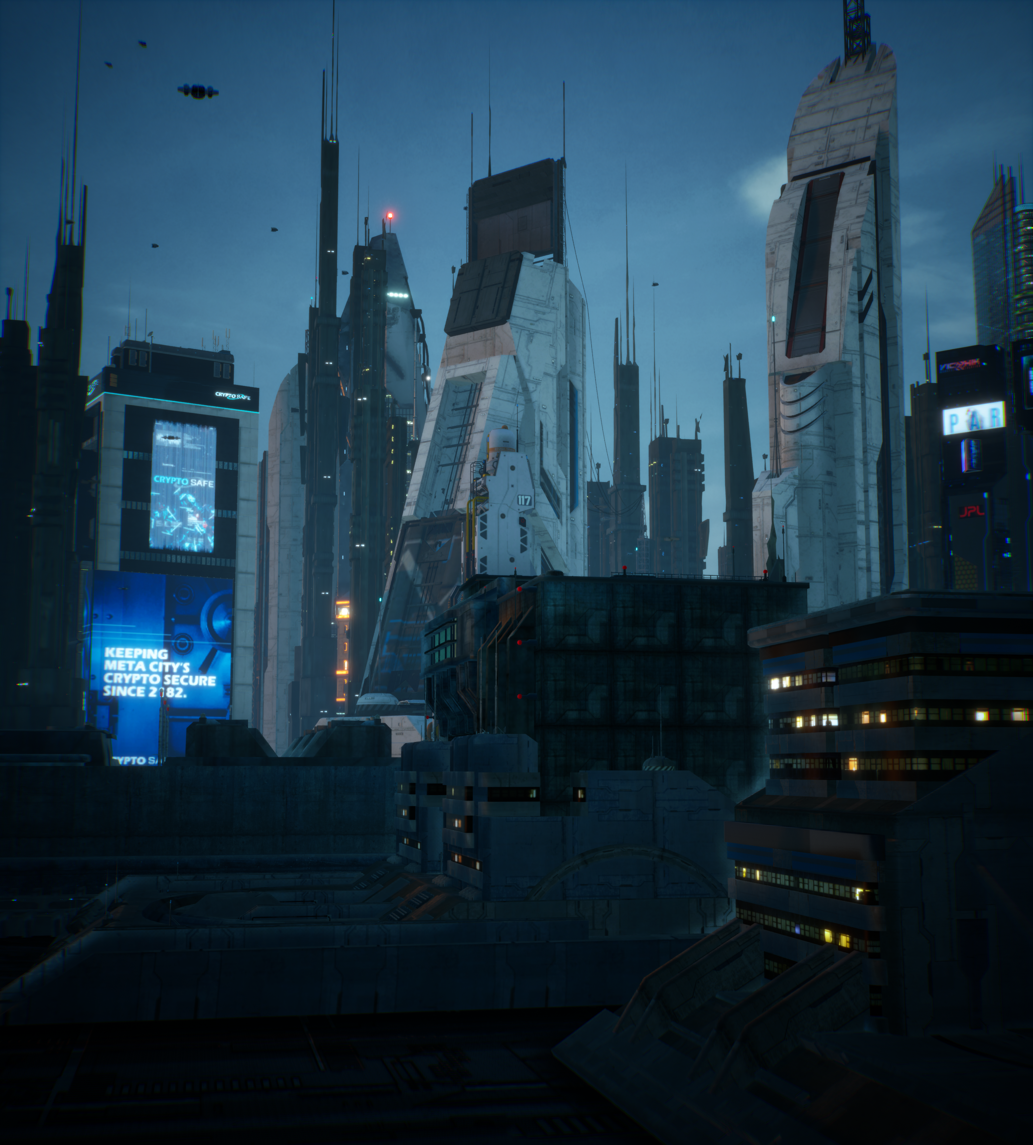 original, absurdres, commentary request, highres, 3d, building, city, cityscape, english text, motoshi (nzxg7878), no humans, outdoors, scenery, science fiction, sky, skyline, skyscraper
