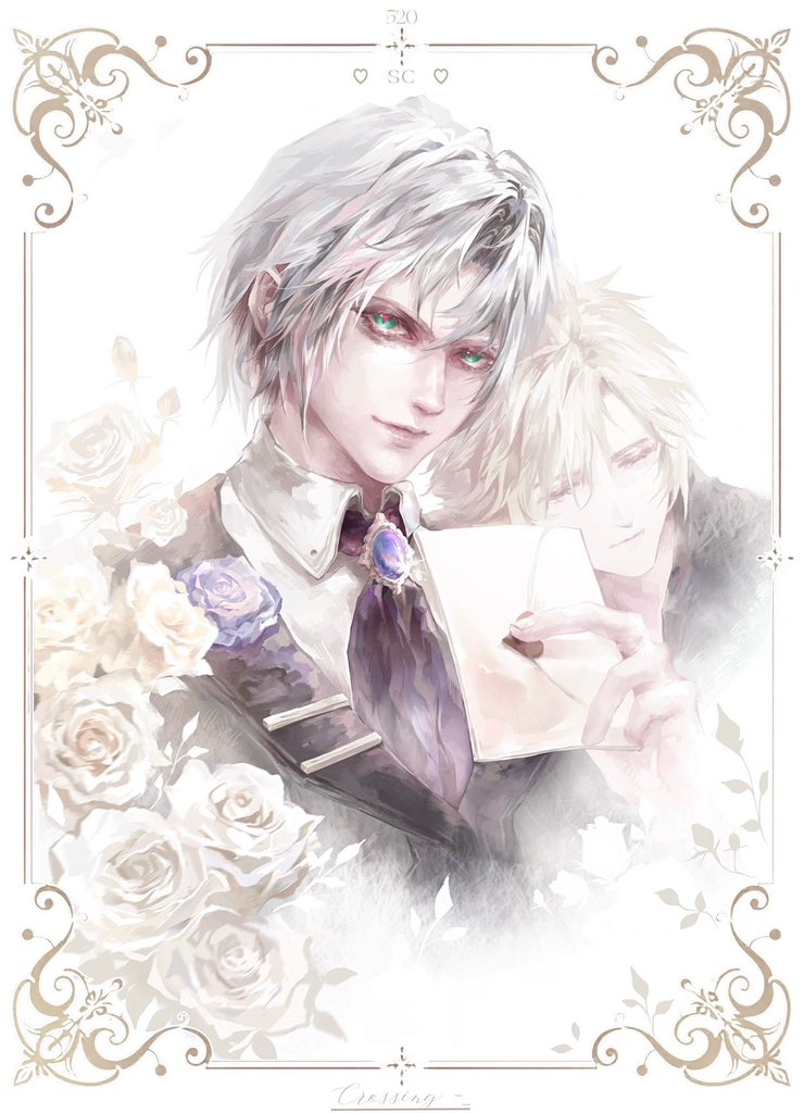 crossing1315174, cloud strife, sephiroth, sephiroth (dark attire), sephiroth (ever crisis), final fantasy, final fantasy vii, final fantasy vii ever crisis, 2boys, aqua eyes, ascot, bishounen, black ascot, blonde hair, blue flower, blue gemstone, blue rose, closed eyes, collared shirt, envelope, flower, gem, grey hair, grey jacket, hair between eyes, holding, holding envelope, jacket, male focus, multiple boys, official alternate costume, parted bangs, red pupils, rose, shirt, short hair, suit jacket, upper body, white flower, white rose, white shirt, yaoi