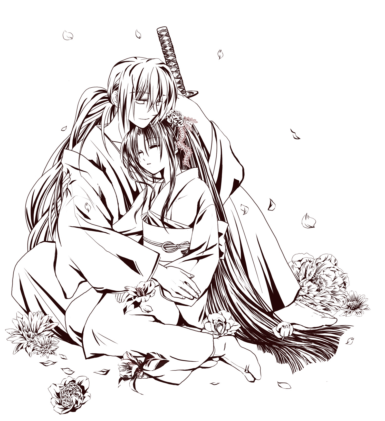 sayaka (artist), himura kenshin, kamiya kaoru, rurouni kenshin, highres, 1boy, 1girl, closed eyes, couple, flower, greyscale, japanese clothes, kimono, long hair, monochrome, ponytail, sleeping, sword, tabi, weapon