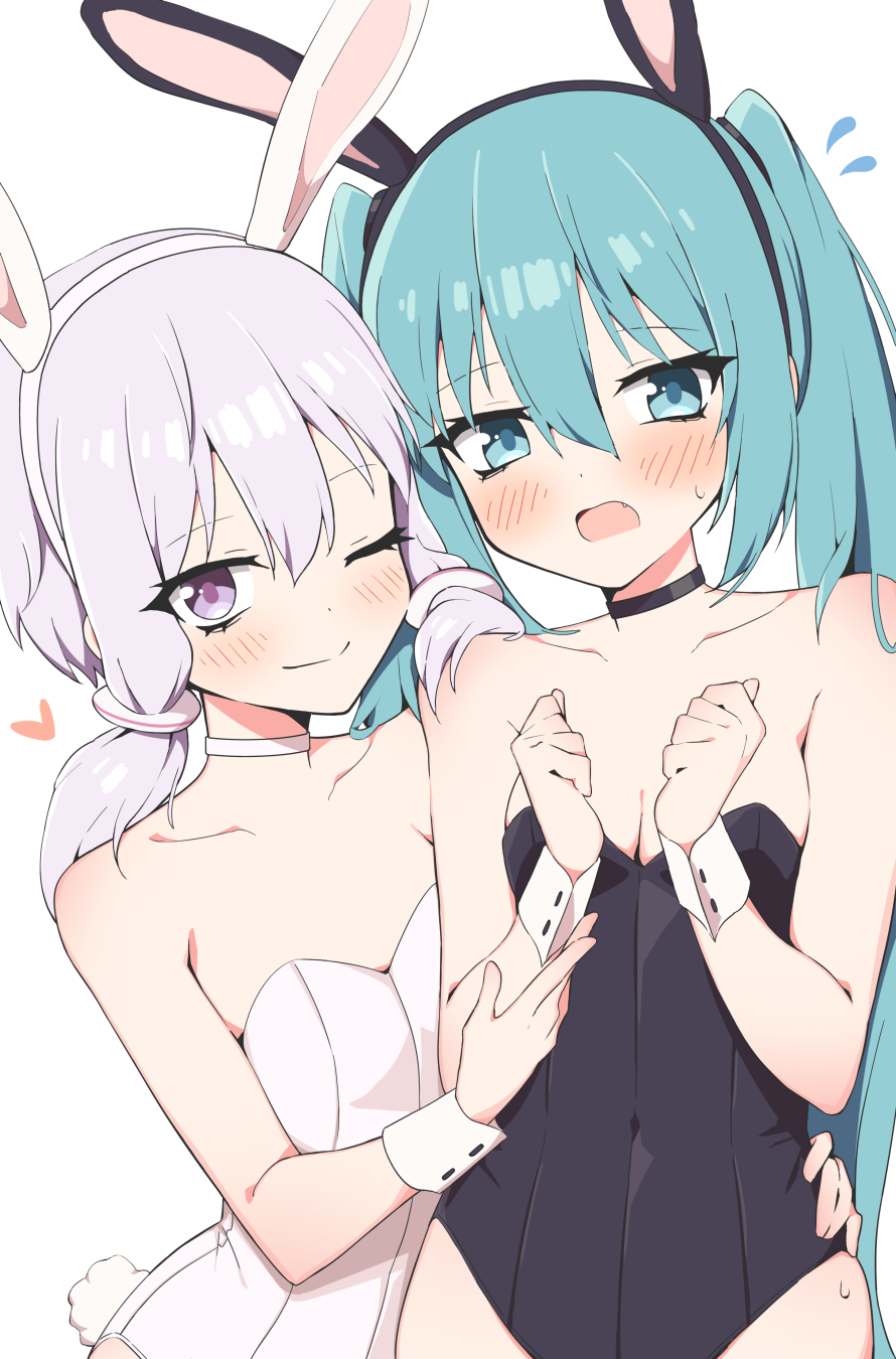 giryu, hatsune miku, yuzuki yukari, vocaloid, highres, 2girls, ;), animal ear hairband, animal ears, black leotard, blue eyes, blue hair, breasts, choker, cleavage, closed mouth, fake animal ears, fang, flying sweatdrops, hair between eyes, hairband, leotard, multiple girls, one eye closed, playboy bunny, purple eyes, rabbit ear hairband, rabbit ears, rabbit tail, small breasts, small sweatdrop, smile, split mouth, strapless, strapless leotard, tail, twintails, upper body, white hair, white leotard, white wrist cuffs, wrist cuffs