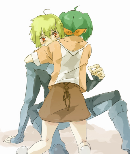yoshi 92, brera sterne, ranka lee, macross, macross frontier, bad id, bad pixiv id, 00s, ahoge, blush, brother and sister, green hair, hug, orange eyes, short hair, siblings, skirt