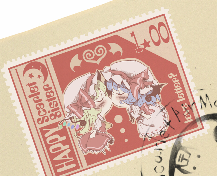 takahero, flandre scarlet, remilia scarlet, touhou, 2girls, chibi, female focus, incest, multiple girls, siblings, sisters, yuri