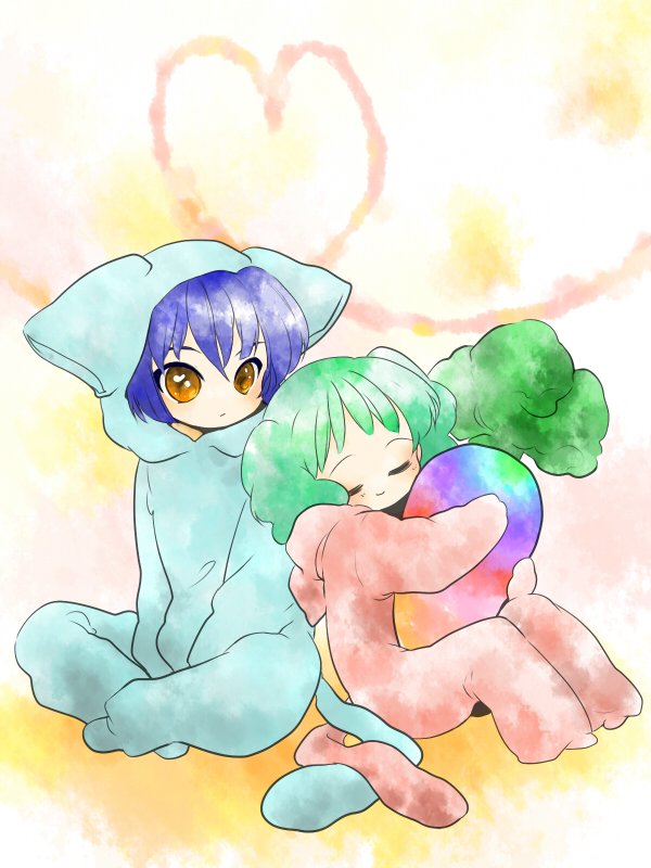 ranka lee, saotome alto, macross, macross frontier, 00s, 1boy, 1girl, blush, carrot, chibi, green hair, heart, short hair, tail