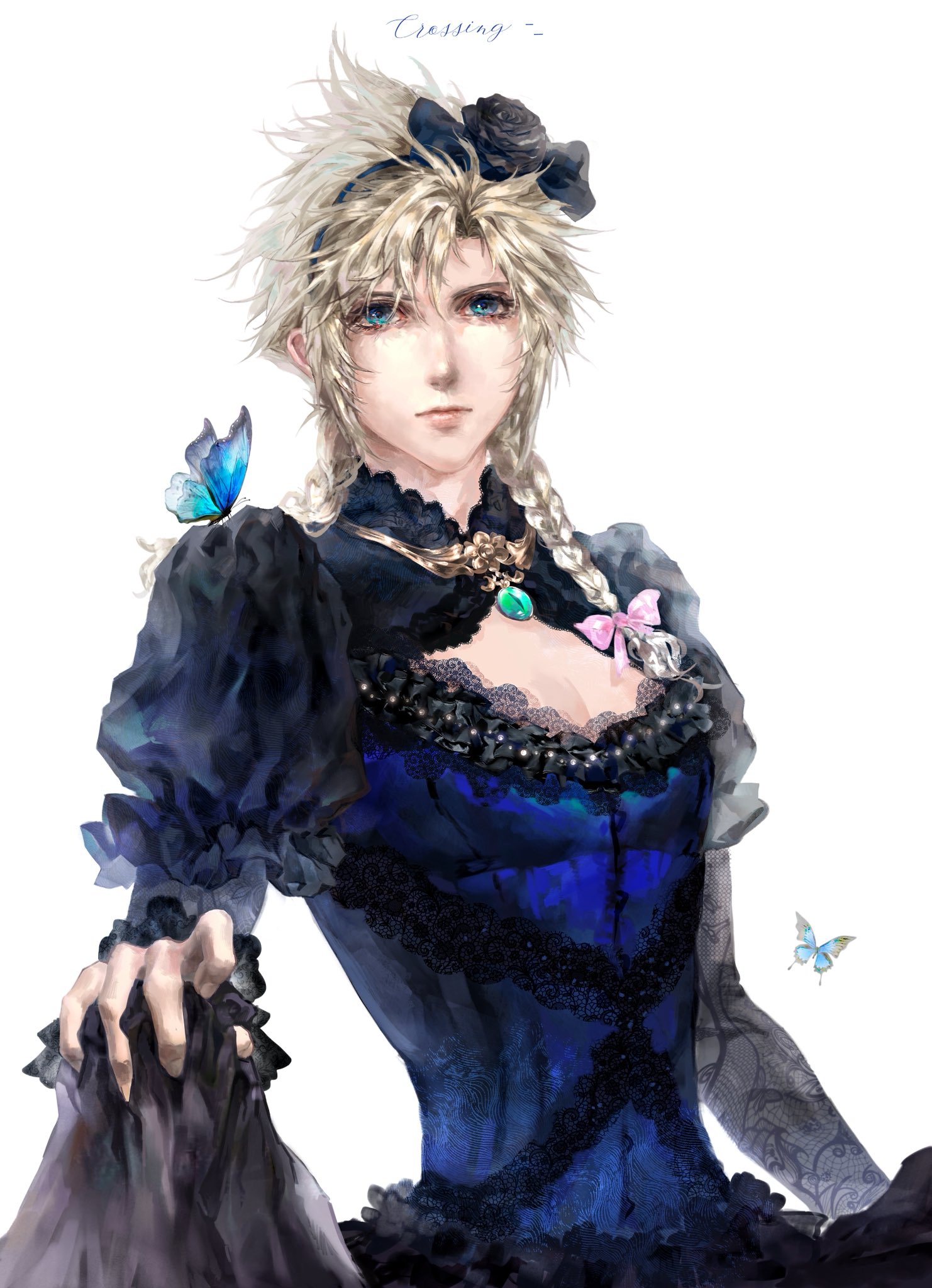 crossing1315174, cloud strife, cloud strife (blue dress), final fantasy, final fantasy vii, final fantasy vii remake, highres, bishounen, black dress, black flower, black hairband, black rose, blonde hair, blue butterfly, blue corset, blue eyes, bow, braid, bug, butterfly, butterfly on shoulder, closed mouth, clothes lift, corset, crossdressing, crossdressing (mtf), dress, dress lift, flower, hair between eyes, hair bow, hair flower, hair ornament, hairband, insect, long hair, official alternate costume, pectorals, pink bow, rose, spiked hair, twin braids, upper body
