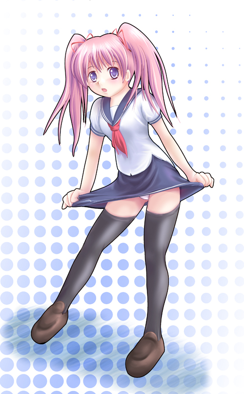 minazuki (jo), original, bad id, bad pixiv id, blue eyes, clothes lift, flat chest, hair ribbon, long hair, open mouth, panties, pantyshot, pink hair, ribbon, school uniform, serafuku, shoes, skirt, skirt lift, solo, thighhighs, twintails, underwear, white panties, zettai ryouiki