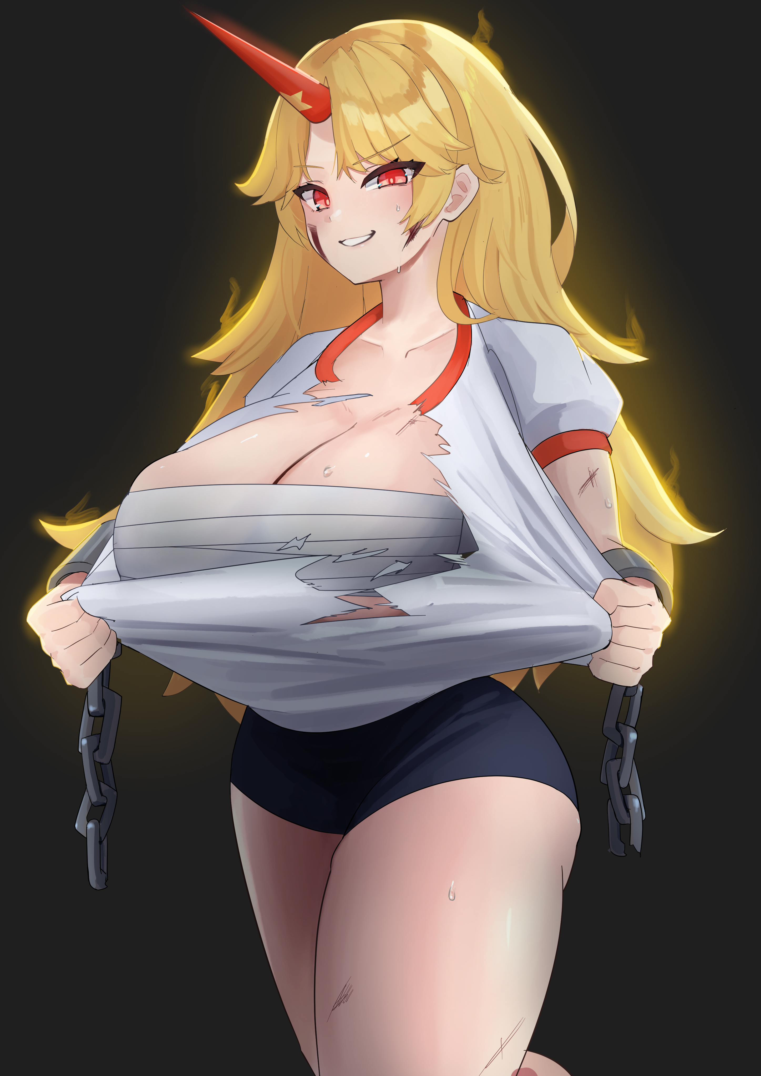 shinonome zakuro, hoshiguma yuugi, touhou, absurdres, commentary request, highres, 1girl, black buruma, blonde hair, blush, breasts, buruma, chain, chest sarashi, cone horns, cowboy shot, cuffs, grey background, grin, horns, huge breasts, long hair, looking at viewer, parted bangs, red eyes, red horns, sarashi, shackles, shirt, short sleeves, simple background, single horn, smile, solo, star (symbol), t-shirt, tearing clothes, torn clothes, torn shirt, white shirt