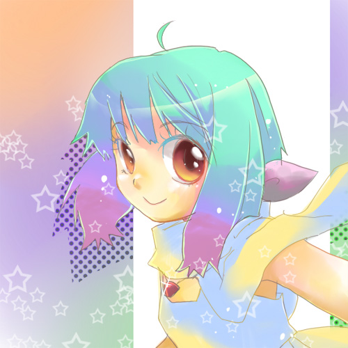 araki (artist), ranka lee, macross, macross frontier, bad id, bad pixiv id, lowres, 00s, green hair, solo, star (symbol)