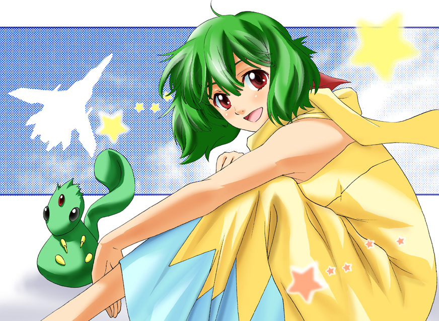 naruse, ranka lee, macross, macross frontier, 00s, animal, blush, day, green hair, red eyes, short hair, sky, solo, star (symbol)
