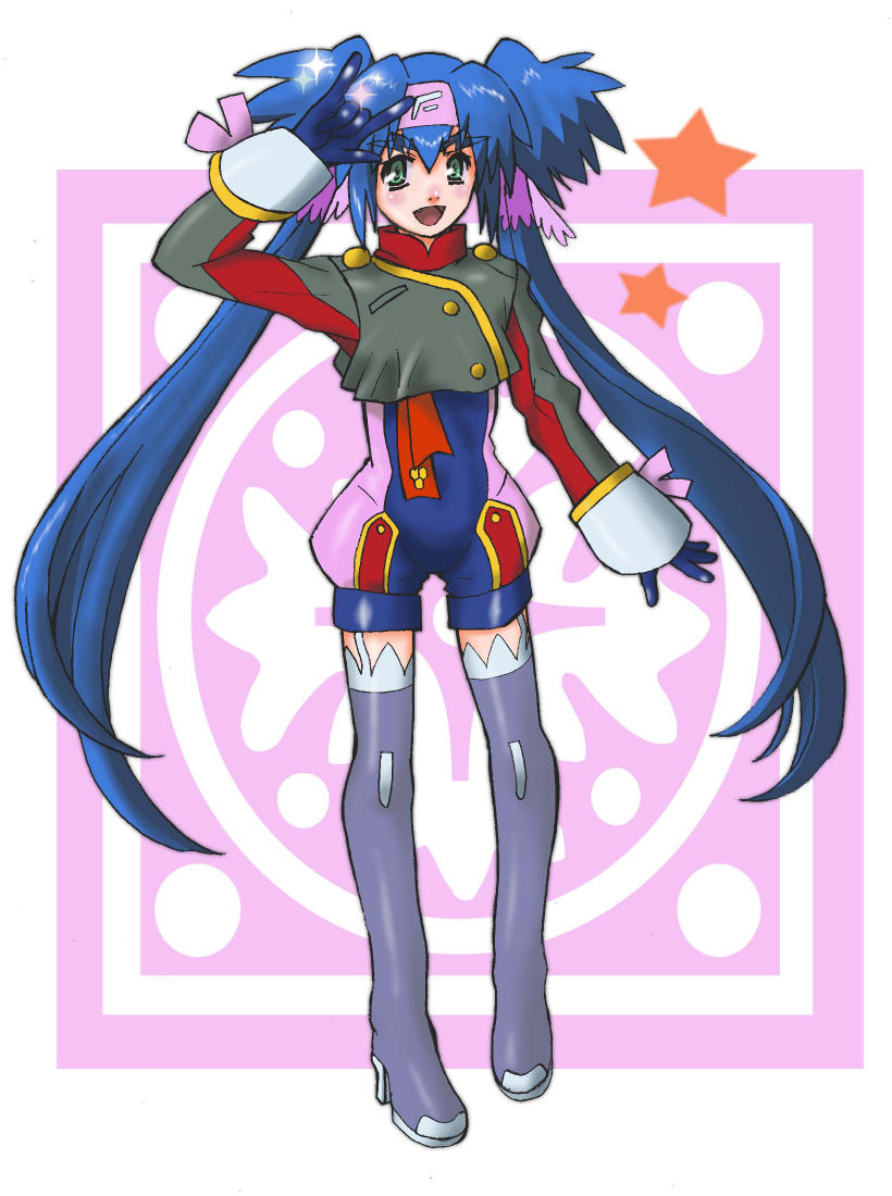 hiroto, klan klein, macross, macross frontier, bad id, bad pixiv id, 00s, 1girl, blue hair, boots, female focus, green eyes, long hair, m/, purple boots, seikan hikou, solo, star (symbol)