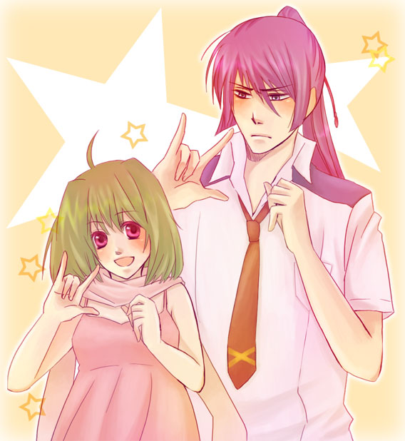 ranka lee, saotome alto, macross, macross frontier, bad id, bad pixiv id, 00s, 1boy, 1girl, m/, ahoge, blush, green hair, long hair, red eyes, school uniform, seikan hikou, short hair, smile, star (symbol)