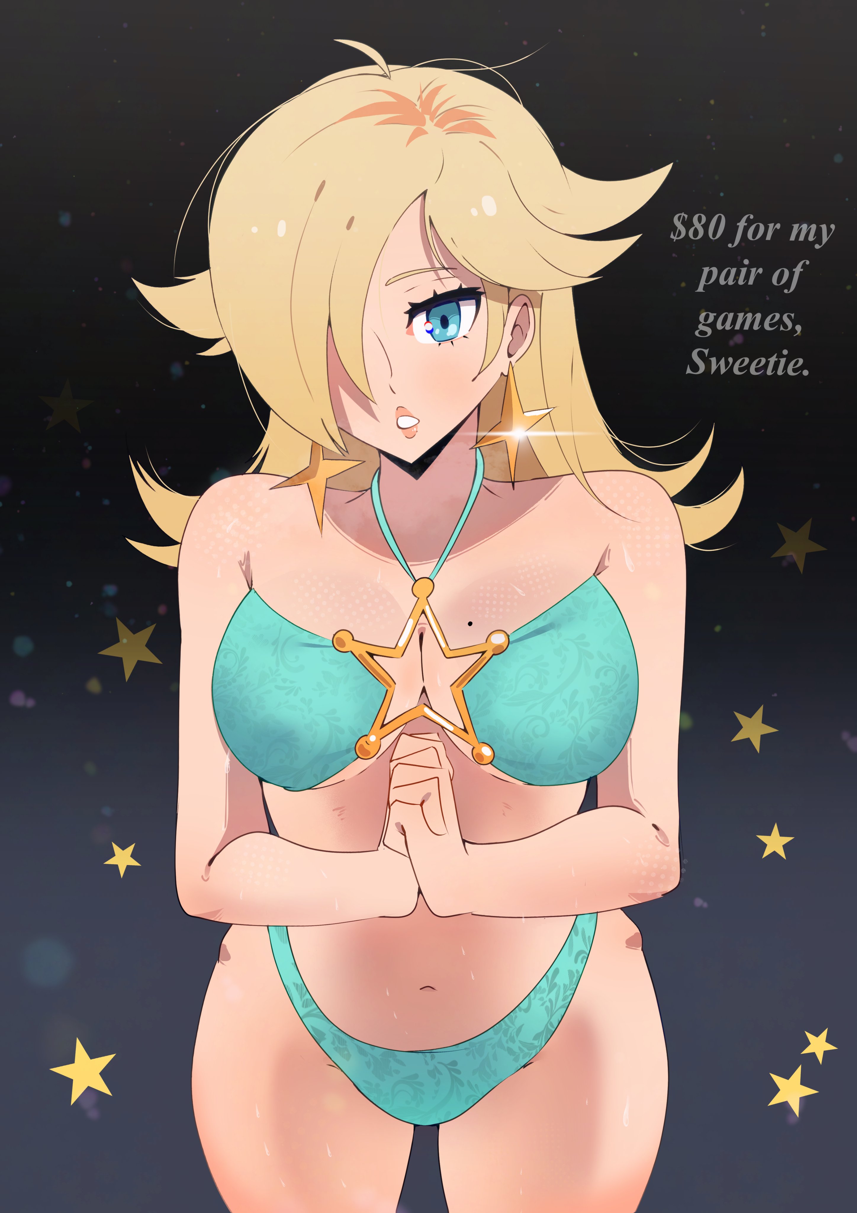gjh, rosalina, mario (series), nintendo, super mario galaxy, absurdres, commentary, highres, 1girl, alternate costume, bikini, black background, blonde hair, blue bikini, blue eyes, breasts, cleavage, earrings, english text, hair over one eye, jewelry, lips, long hair, looking at viewer, medium breasts, mole, mole on breast, navel, one eye covered, own hands together, parted lips, pink lips, simple background, solo, star (symbol), stomach, sweat, swimsuit