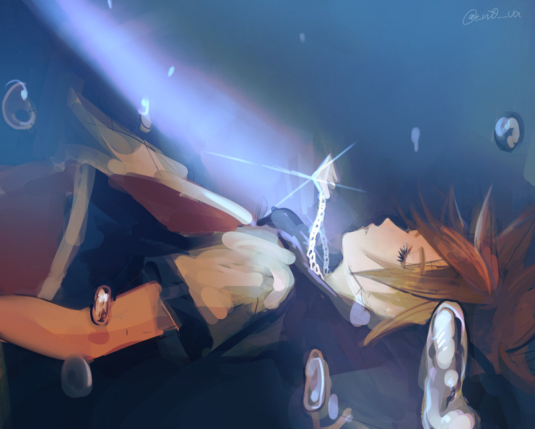 sora (kingdom hearts), kingdom hearts, kingdom hearts i, highres, 1boy, chain, chain necklace, closed eyes, closed mouth, jewelry, light rays, n0 va, necklace, sleeping, solo, spiked hair, submerged, water, water drop