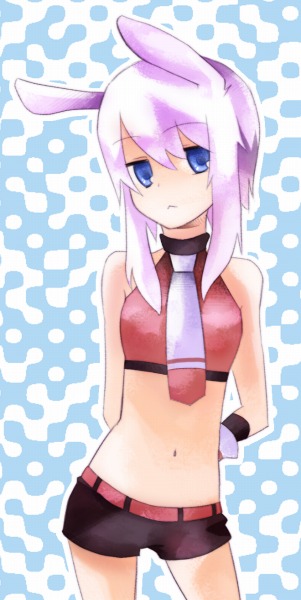 koucha, yoshitomo (koucha), bad id, bad pixiv id, animal ears, blue eyes, bra, lingerie, midriff, necktie, pink hair, rabbit ears, shorts, sports bra, underwear