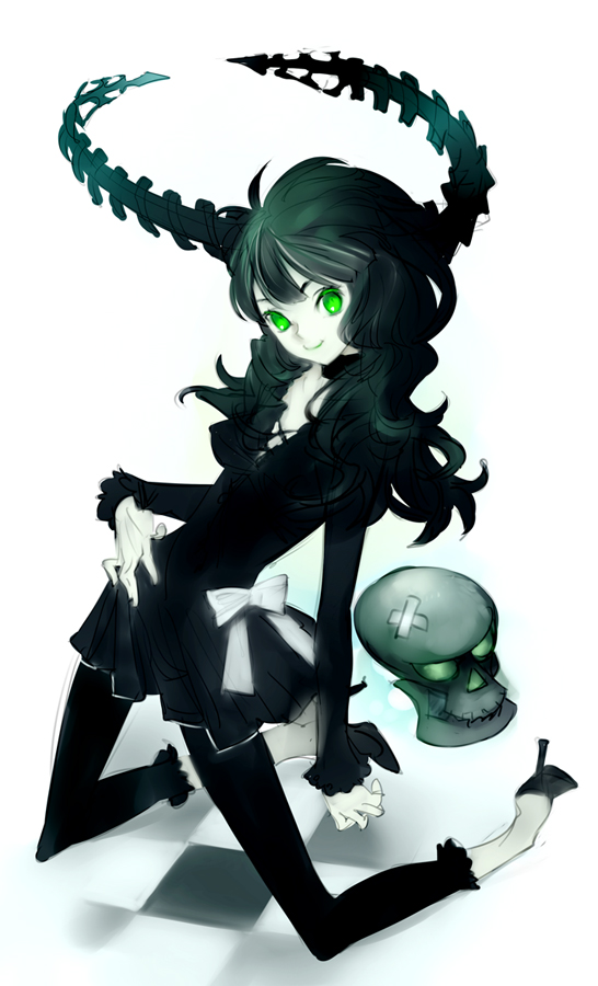 nishieda, dead master, black rock shooter, bad id, bad pixiv id, 10s, 1girl, black dress, black leggings, choker, curly hair, dress, female focus, green eyes, green hair, horns, kneeling, leggings, long hair, matching hair/eyes, pale skin, ribbon, skull, smile, solo