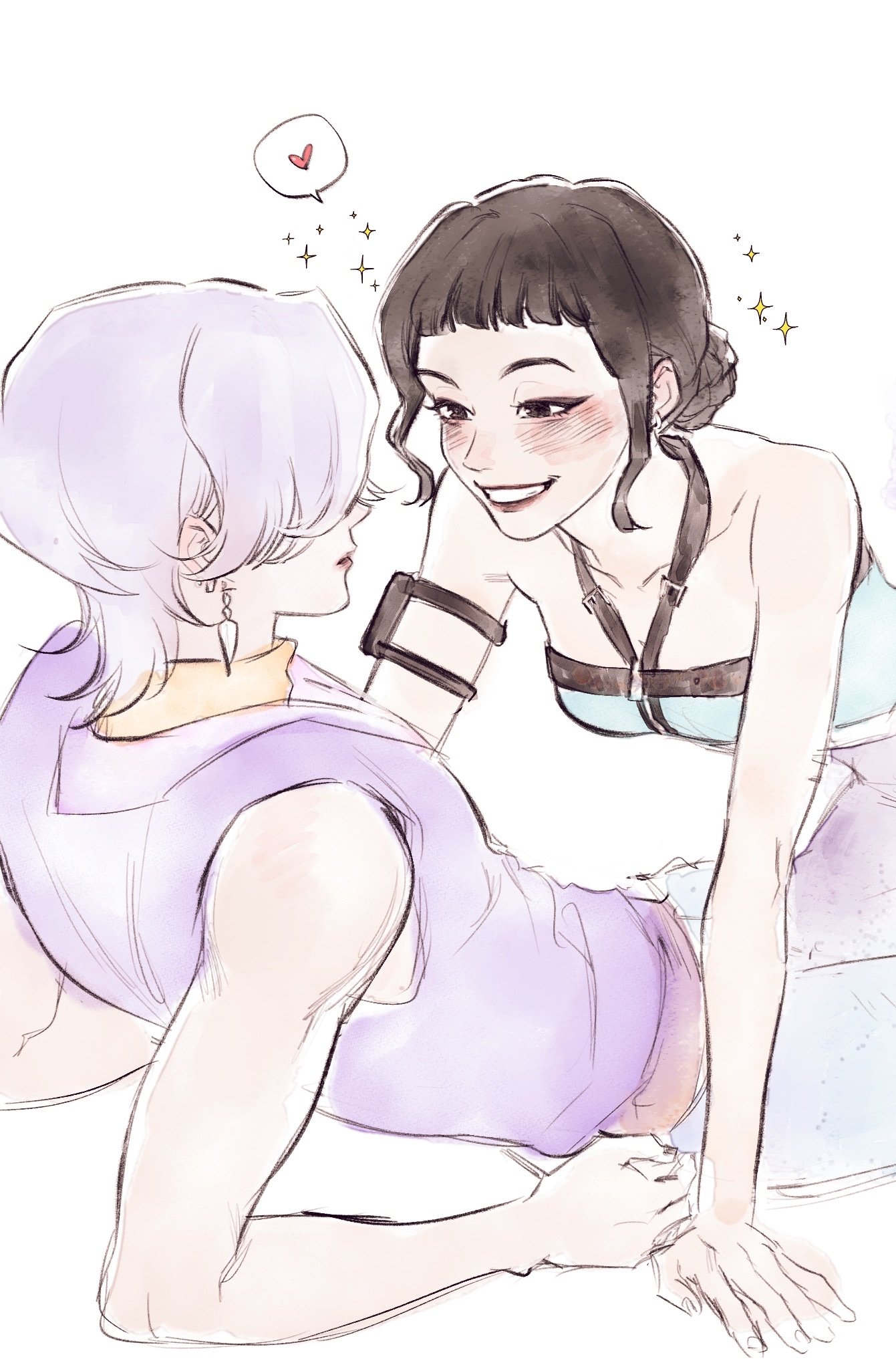 mystery (kpop demon hunters), zoey (kpop demon hunters), kpop demon hunters, commentary request, highres, korean commentary, 1boy, 1girl, arm pouch, black hair, blunt bangs, blush, double bun, earrings, eyeshadow, hair bun, halterneck, heart, jewelry, makeup, modog bark, purple hair, purple shirt, shirt, short bangs, sidelocks, simple background, sleeveless, sleeveless shirt, smile, smug, sparkle, spoken heart, turtleneck