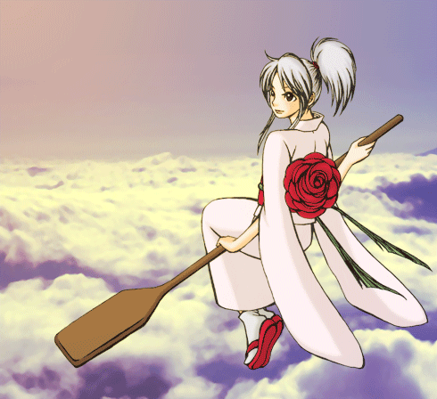 botan (yu yu hakusho), yuu yuu hakusho, lowres, blue hair, cloud, flower, japanese clothes, kimono, oar, ponytail