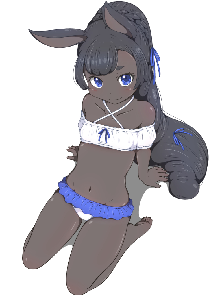 hanoyama, sniper rabbit, rabbit and steel, commentary, english commentary, 1girl, animal ears, bikini, black hair, blue eyes, blue ribbon, blush, braid, breasts, closed mouth, dark-skinned female, dark skin, frilled bikini, frills, full body, hair ribbon, long hair, looking at viewer, lowleg, lowleg bikini, navel, rabbit ears, rabbit girl, ribbon, seiza, simple background, sitting, small breasts, smile, solo, swimsuit, very dark skin, white background, white bikini