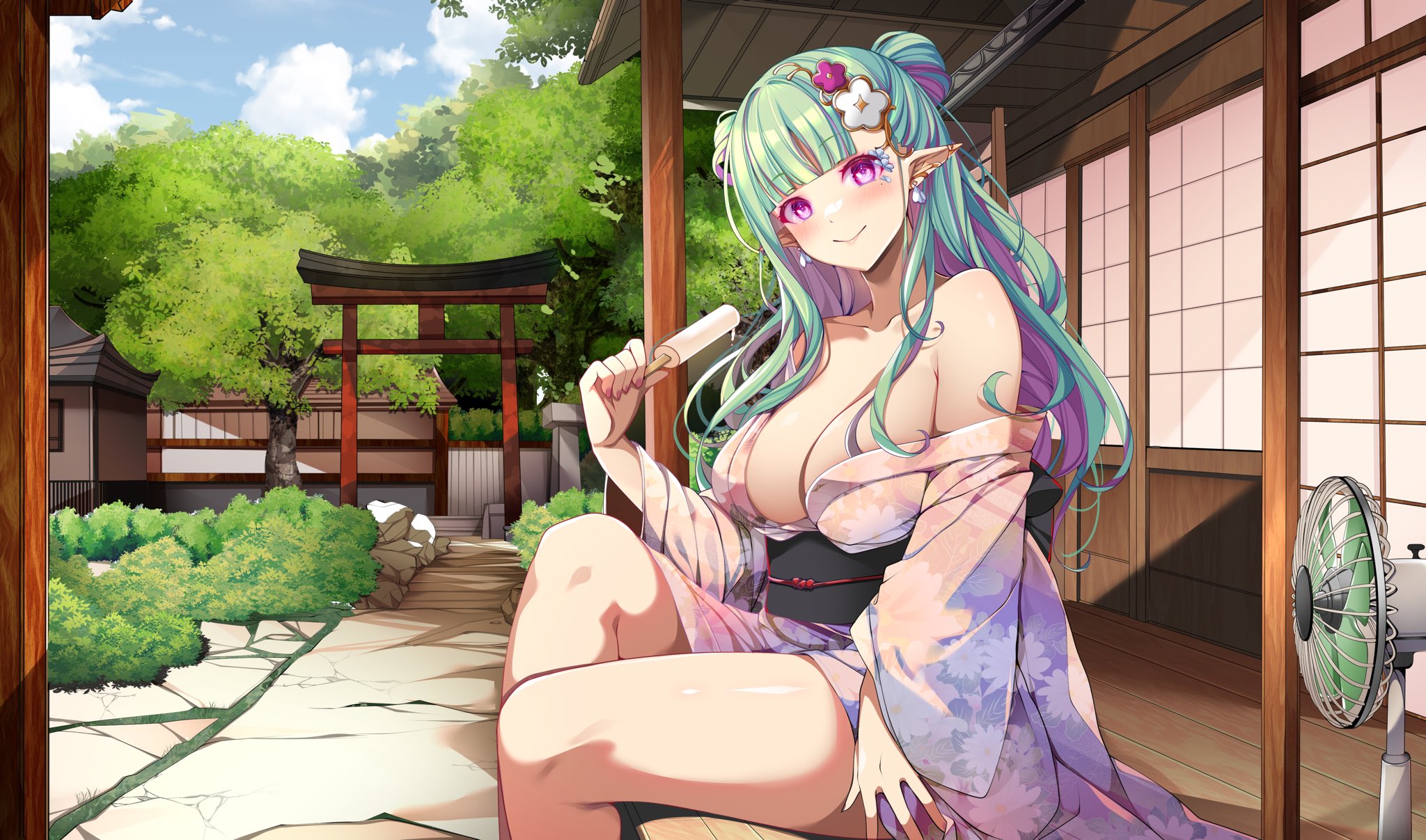 origami aya, coucourua creil, re:act, commentary, highres, 1girl, architecture, blue sky, blunt bangs, blush, breasts, bush, cleavage, closed mouth, cloud, colored inner hair, day, ear piercing, east asian architecture, electric fan, flower, food, garden, green hair, hair flower, hair ornament, japanese clothes, kimono, large breasts, leaf, long hair, multicolored hair, outdoors, piercing, pointy ears, popsicle, purple eyes, purple hair, purple kimono, shouji, sitting, sky, sliding doors, smile, solo, thighs, torii, tree, two-tone hair, veranda, virtual youtuber, wide sleeves