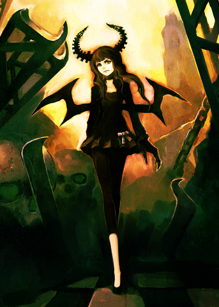 hironox, dead master, black rock shooter, vocaloid, 10s, black dress, black hair, black leggings, brown hair, checkered floor, choker, claws, dress, floor, green eyes, hime cut, horns, leggings, long hair, skirt, skull, solo, wings