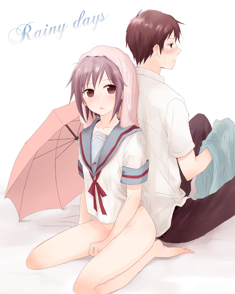 saya (artist), saya (sayaz), kyon, nagato yuki, suzumiya haruhi no yuuutsu, 00s, 1boy, 1girl, back-to-back, bad anatomy, bad feet, barefoot, blush, bottomless, brown eyes, feet, kneeling, no panties, poorly drawn, purple hair, school uniform, serafuku, short hair, towel, umbrella
