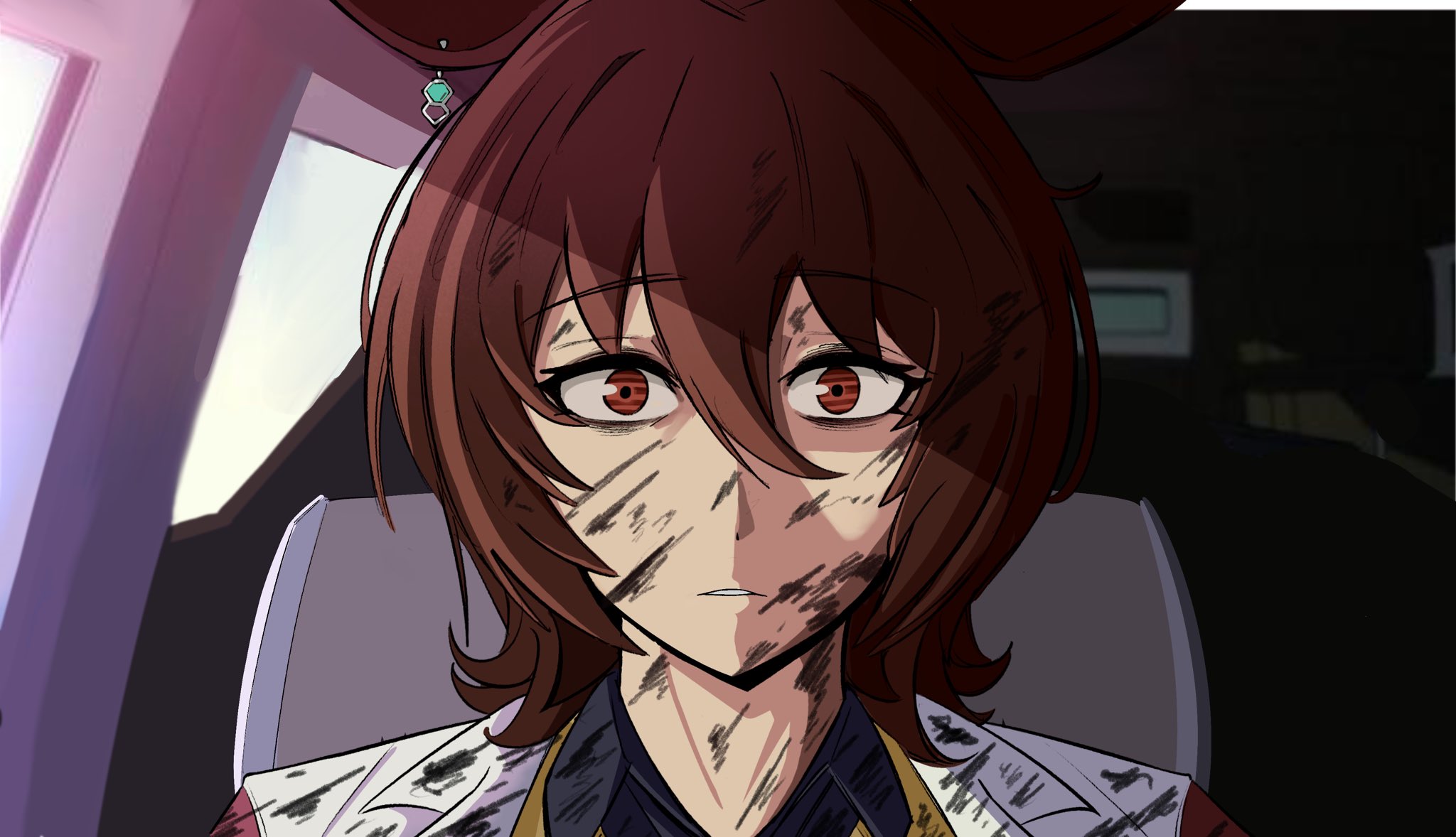 johnholl0w, agnes tachyon (tach-nology) (umamusume), agnes tachyon (umamusume), cyberpunk: edgerunners, cyberpunk (series), umamusume, commentary, english commentary, highres, 1girl, animal ears, bags under eyes, brown eyes, brown hair, car interior, david martinez stare (meme), expressionless, hair between eyes, horse ears, horse girl, long bangs, looking at viewer, meme, short hair, solo, thousand yard stare, upper body