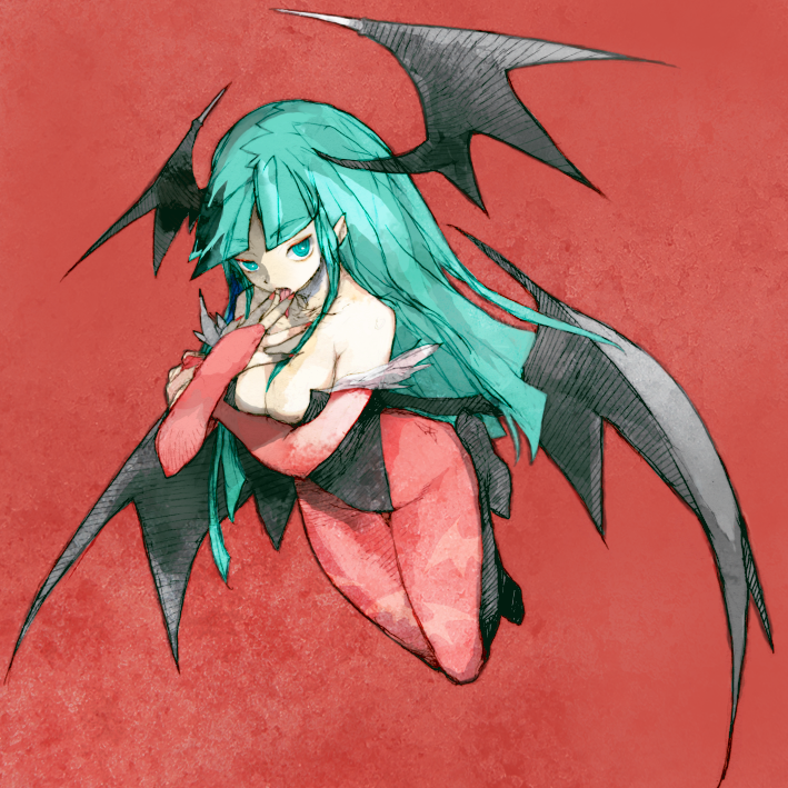 komaki megumi, morrigan aensland, capcom, darkstalkers, breast hold, 1girl, animal print, bat print, breasts, cleavage, elbow gloves, female focus, gloves, green eyes, green hair, head wings, large breasts, long hair, matching hair/eyes, nail polish, pantyhose, print pantyhose, red nails, solo, wings