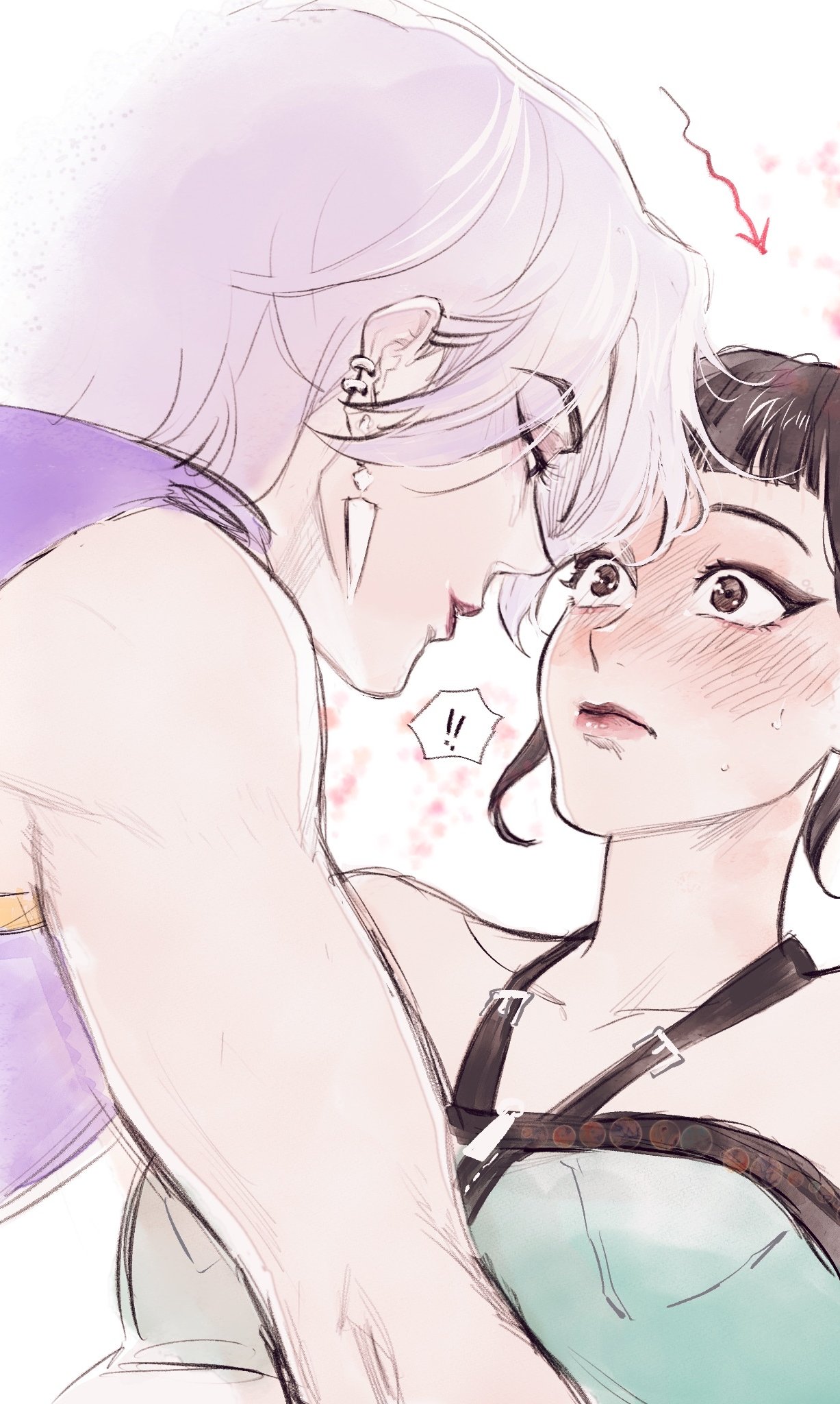 mystery (kpop demon hunters), zoey (kpop demon hunters), kpop demon hunters, commentary request, highres, korean commentary, 1boy, 1girl, black hair, blunt bangs, blush, closed mouth, earrings, eyeshadow, halterneck, jewelry, makeup, modog bark, purple hair, shirt, simple background, sleeveless, sleeveless shirt, sweatdrop, white background