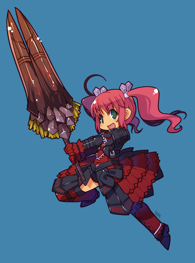 zankuro, capcom, monster hunter (series), bad id, bad pixiv id, 1girl, :d, armor, armored dress, black armor, blue background, boots, breastplate, buckle, crystal, dress, faulds, female focus, flat chest, from side, full body, gloves, green eyes, hair ornament, happy, holding, holding weapon, huge weapon, jumping, long hair, open mouth, outstretched arms, pauldrons, pink hair, red dress, red gloves, shoulder armor, sidelocks, simple background, smile, solo, spread legs, sword, thighhighs, twintails, two-handed, vambraces, weapon, zettai ryouiki