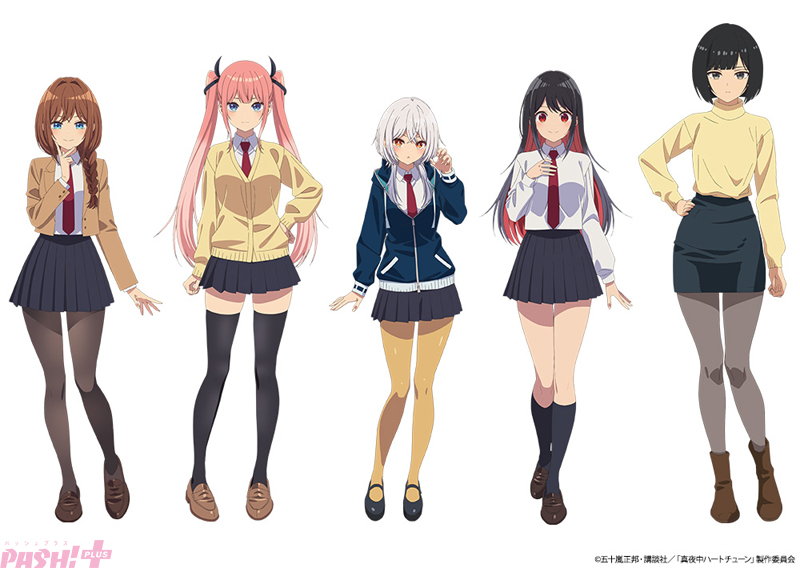 andou lemon, himekawa nene, inohana rikka, kirino iko, uzuki shinobu, mayonaka heart tune, highres, official art, translation request, 5girls, black eyes, black hair, black pantyhose, black ribbon, black shoes, black skirt, black socks, black thighhighs, blazer, blue hair, blue hoodie, blush, boots, braid, braided ponytail, breasts, brown boots, brown hair, brown jacket, brown shirt, brown shoes, brown sweater, closed mouth, collared shirt, dot nose, full body, grey pantyhose, hair ornament, hair ribbon, hand on own cheek, hand on own face, hand on own hip, hood, hooded jacket, hoodie, jacket, japanese text, large breasts, legs, long hair, long sleeves, looking at viewer, medium breasts, miniskirt, multicolored hair, multiple girls, necktie, open mouth, orange eyes, pantyhose, pencil skirt, pink hair, pleated skirt, red eyes, red hair, red necktie, ribbon, school uniform, shirt, shirt tucked in, shirt under jacket, shirt under sweater, shoes, short hair, simple background, skirt, small breasts, smile, socks, sweater, teacher, teacher and student, thighhighs, thighs, twintails, two-tone hair, white background, white hair, white shirt, yellow pantyhose, zettai ryouiki