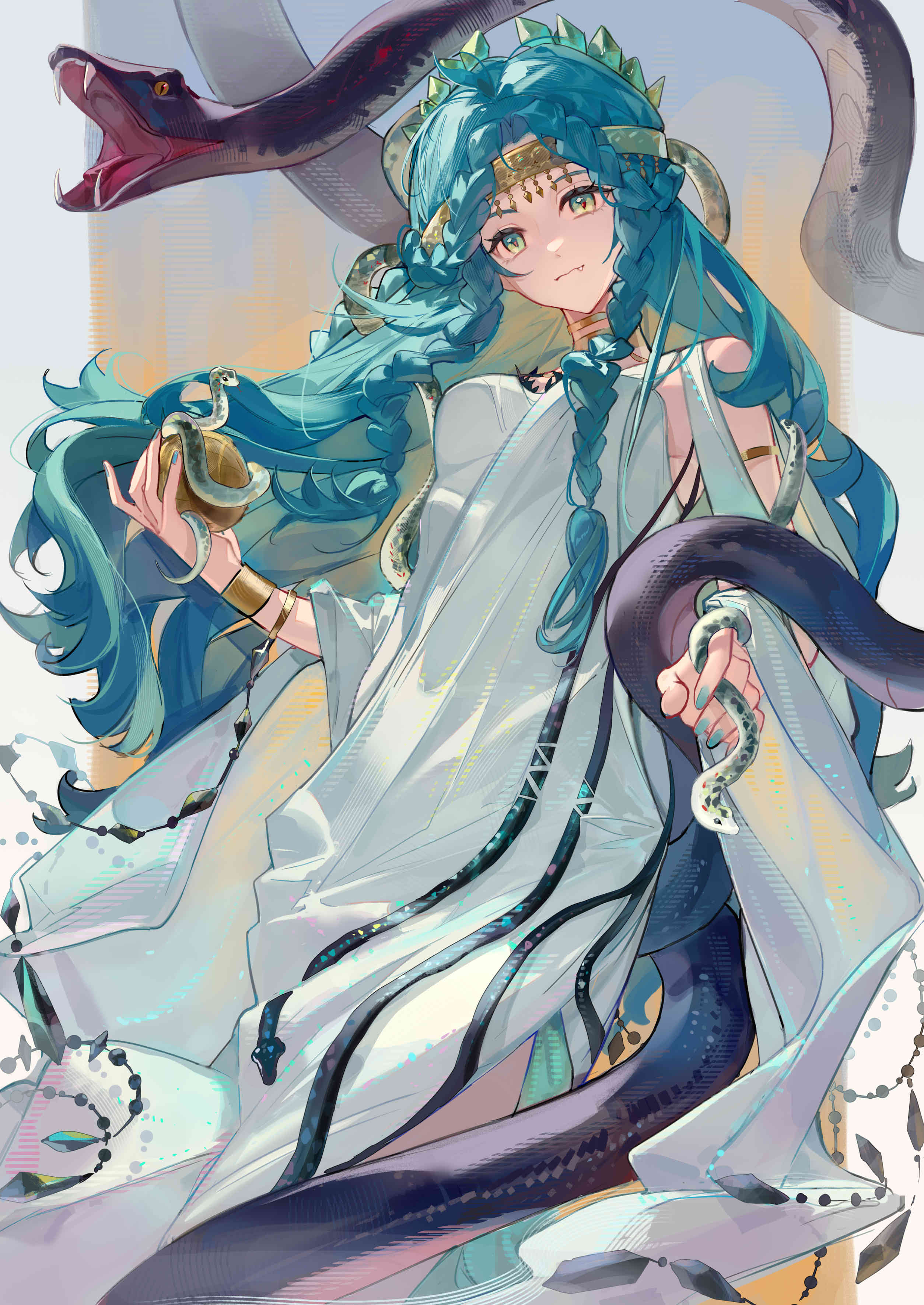 meiyou lizhi, hissabeth, assassin's creed (series), reverse:1999, absurdres, highres, 1girl, apple of eden, aqua nails, bare shoulders, blue hair, bracelet, closed mouth, clothing cutout, cowboy shot, dress, fang, fang out, gem, gem hair ornament, gold choker, gold headband, green eyes, green gemstone, holding, jewelry, long hair, official alternate costume, red pupils, shoulder cutout, smile, snake, snake on head, solo, very long hair, white dress