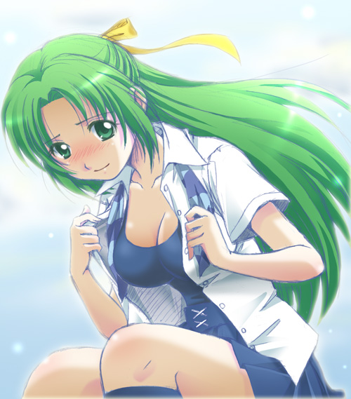 hiyori (nyatto), sonozaki mion, sonozaki shion, higurashi no naku koro ni, 00s, 1girl, blush, female focus, green eyes, green hair, half updo, kneehighs, long hair, matching hair/eyes, ponytail, socks, solo