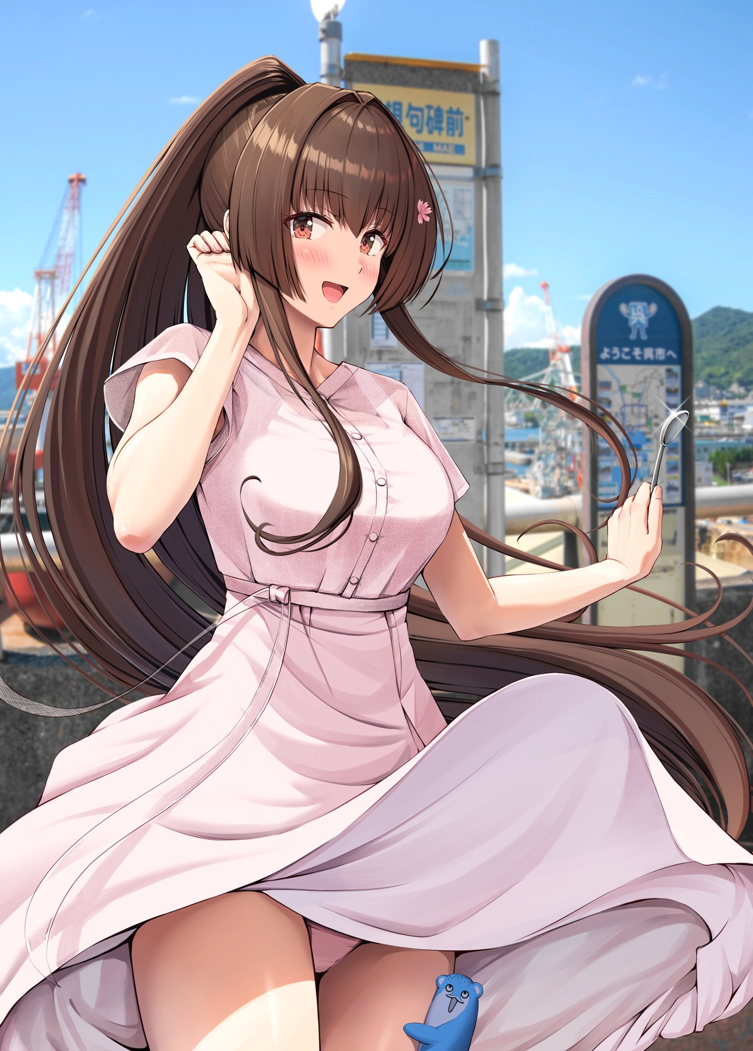 ichikawa feesu, yamato (kancolle), yamato (kure 2025) (kancolle), kantai collection, highres, 1girl, blue sky, bokukawauso, brown eyes, brown hair, clothes lift, cloud, cowboy shot, day, dress, dress lift, flower, hair between eyes, hair flower, hair intakes, hair ornament, long hair, outdoors, panties, pink dress, ponytail, short sleeves, sidelocks, sky, solo, underwear, very long hair, white panties, wind, wind lift