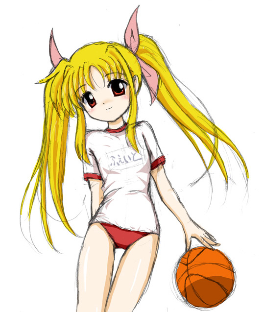 flipper, fate testarossa, lyrical nanoha, mahou shoujo lyrical nanoha, mahou shoujo lyrical nanoha a's, 00s, ball, basketball, basketball (object), buruma, gym uniform, sketch, solo, twintails