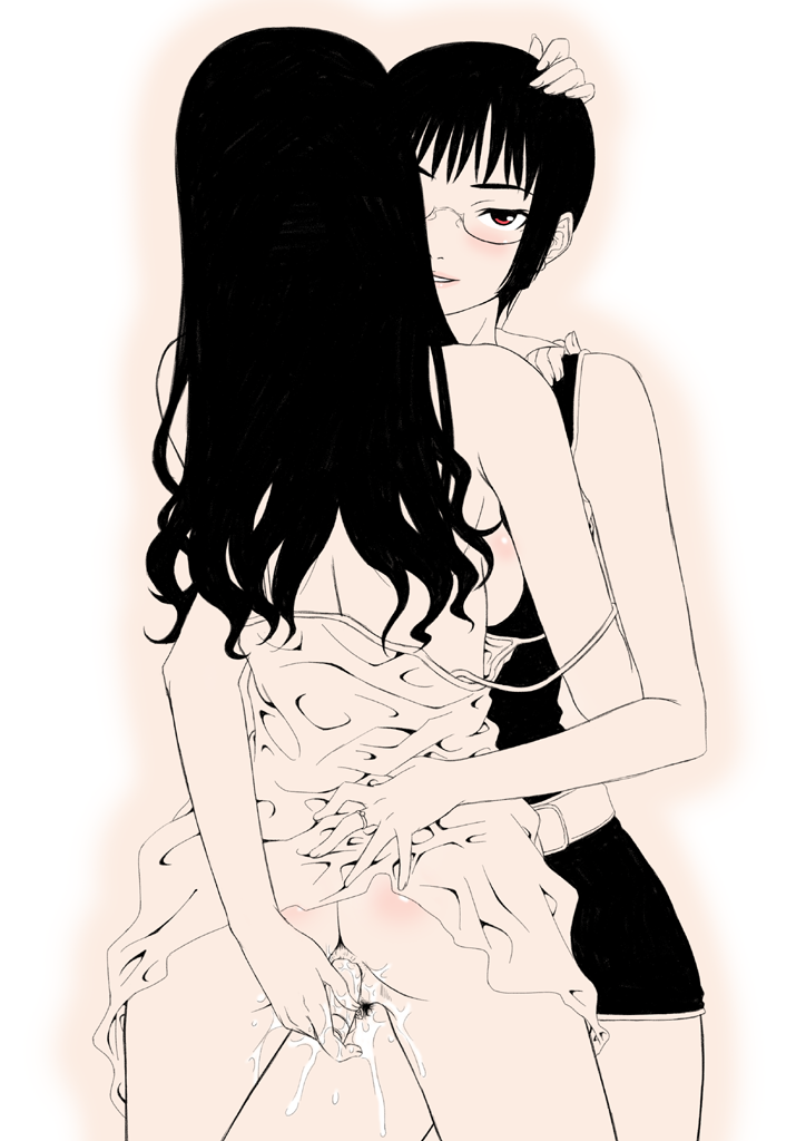 gusu, original, 2girls, ass, breasts, dildo, female pubic hair, glasses, hug, long hair, medium breasts, multiple girls, no panties, pink theme, pubic hair, pussy juice, red eyes, sepia, sex toy, short hair, sideboob, uncensored, vibrator, yuri