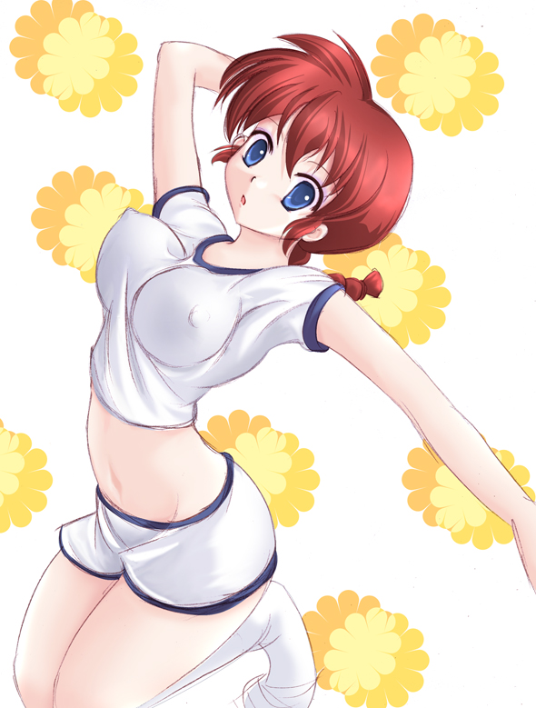 minazuki (jo), ranma-chan, saotome ranma, ranma 1/2, gender request, 1girl, blue eyes, braid, braided ponytail, breasts, cheerleader, covered erect nipples, female focus, genderswap, genderswap (mtf), jumping, large breasts, midriff, red hair, shorts, single braid, socks, solo