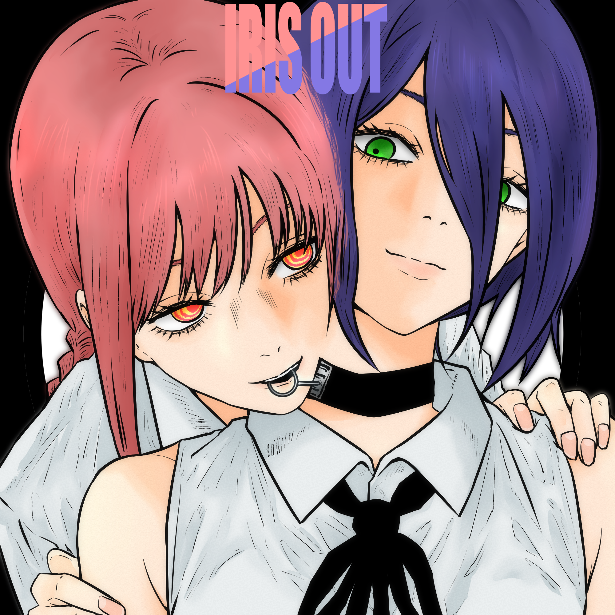 isuke (isuke now), makima (chainsaw man), reze (chainsaw man), chainsaw man, highres, 2girls, black background, black choker, blue hair, choker, closed mouth, collared shirt, green eyes, grenade pin, hair between eyes, long hair between eyes, mouth hold, multiple girls, red eyes, red hair, ringed eyes, shirt, sidelocks, sleeveless, sleeveless shirt, teeth hold
